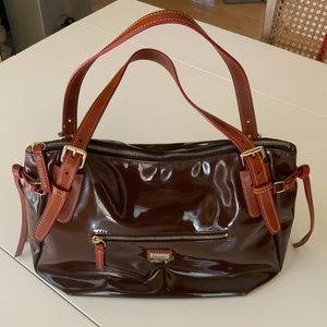 Dooney & Bourke Glossy Patent Leather Tote Brown Vintage Shoulder Handbag